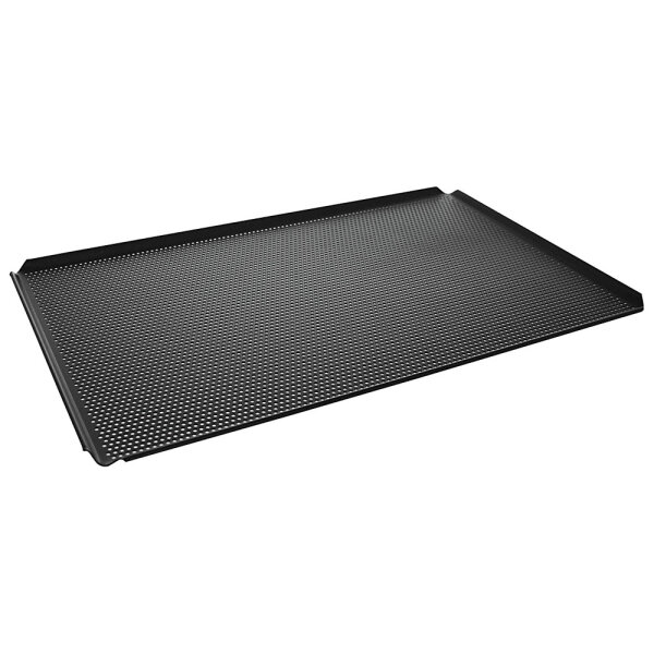 Bandeja de alumínio, 600x400 mm - 4 lados 45°, duplo revestimento termoplástico antiaderente, perfurado