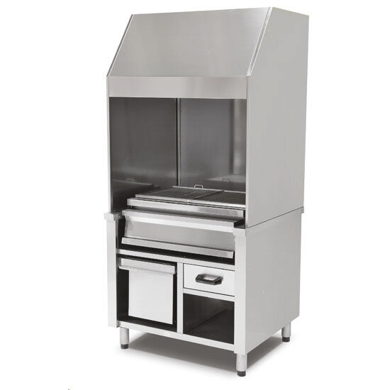 Charcoal grill on cupboard with charcoal drawer and exhaust, 3 zones total 1600x600 mm