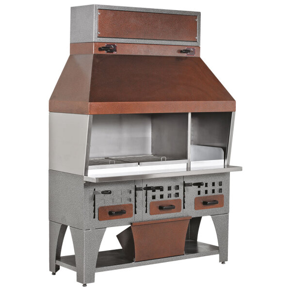 Holzkohlegrill auf Unterschrank mit Ascheschubladen und Abzugshaube, 2 Grillzonen gesamt 1020x530 mm