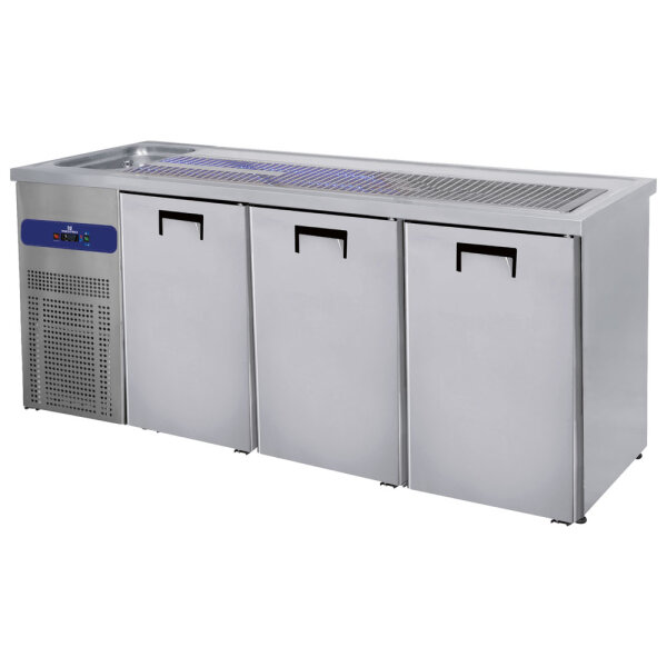 Serving counter with 1 bowl left and 3 doors for kegs of 50 litres