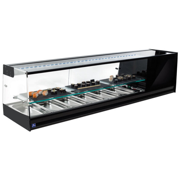 Vetrinetta sushi refrigerata con vetro retto e 1 ripiano in vetro, 4x GN 1/3 h=40 mm