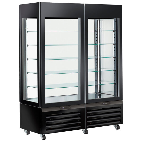 Vitrina refrigerada ventilada para pastelería con 5 estantes en vidrio, 1420 mm, -2°/+10°C - color negro
