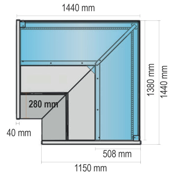 Refrigerated meat counter corner unit open with vertical glass front, ventilated, +2°/+5°C