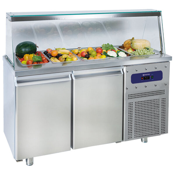 Saladette con 2 puertas GN 1/1 y estructura en vidrio, 4x GN 1/1 h=150 mm, -2°/+8°C