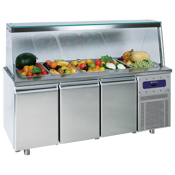Saladette con 3 puertas GN 1/1 y estructura en vidrio, 5x GN 1/1 h=150 mm, -2°/+8°C