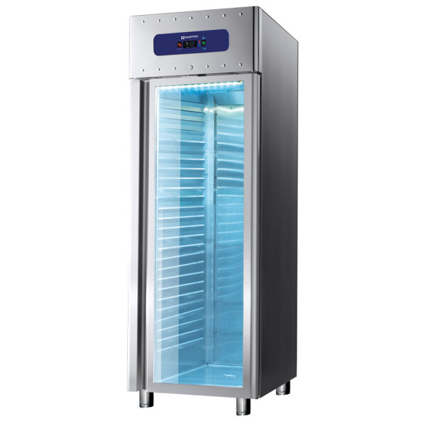 frigorifero da 700 litri in inox con porta in vetro, GN 2/1,-2°/-8°C, 85 mm isolamento