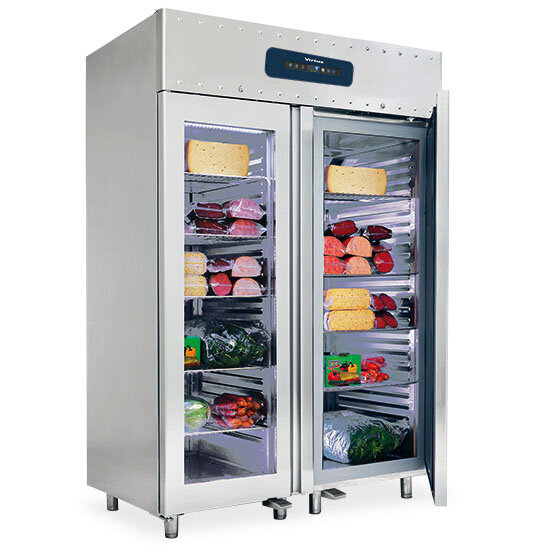 Tiefkühlschrank 1400 Liter aus Edelstahl GN 2/1 mit Glastüren, -10°/-25°C, 75 mm Isolierung