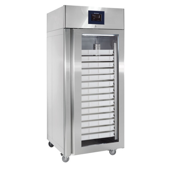 Bäckereikühlschrank 850 Liter aus Edelstahl mit Glastür, 56x 600x400 mm, -2°/+8°C