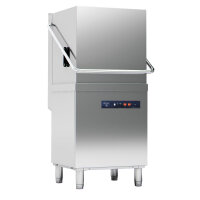 Hood dishwasher with detergent injector and drain pump,...