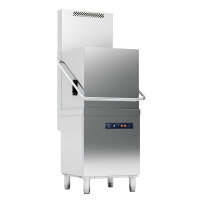 hood dishwasher with detergent injector and drain pump,...