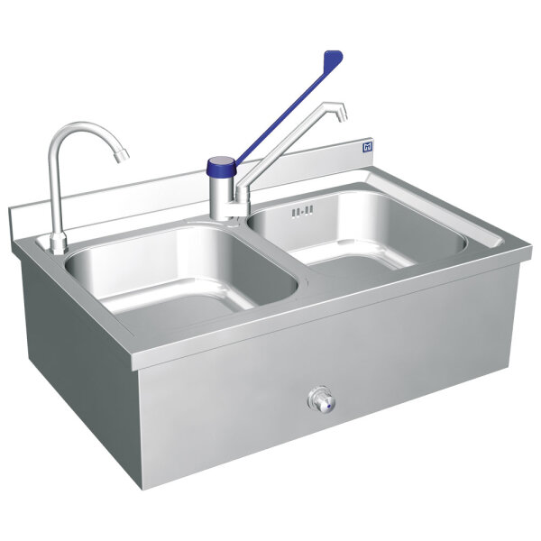 wall-mounted hand wash basin with 2 sinks, 2 taps, 1 knee operated