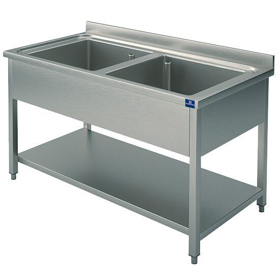 Lavello, 2 vasche, su gambe, con ripiano di fondo, 1200x600 mm