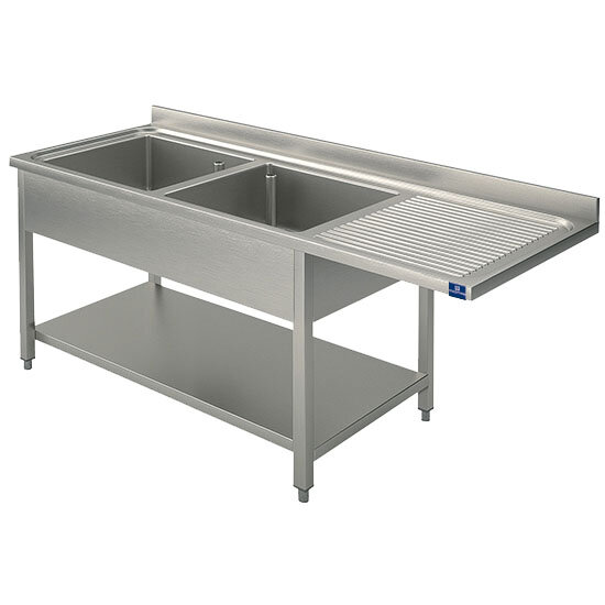 lavello su gambe per incasso lavastoviglie con ripiano, 2 vasche a sinistra, 1800x600 mm