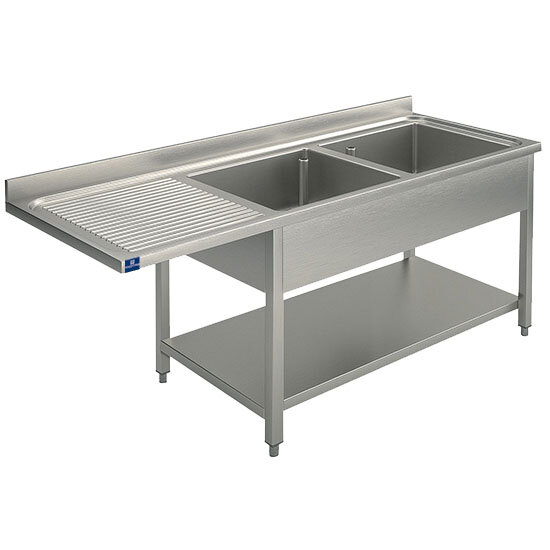lavello su gambe per incasso lavastoviglie con ripiano, 2 vasche a destra, 1600x600 mm