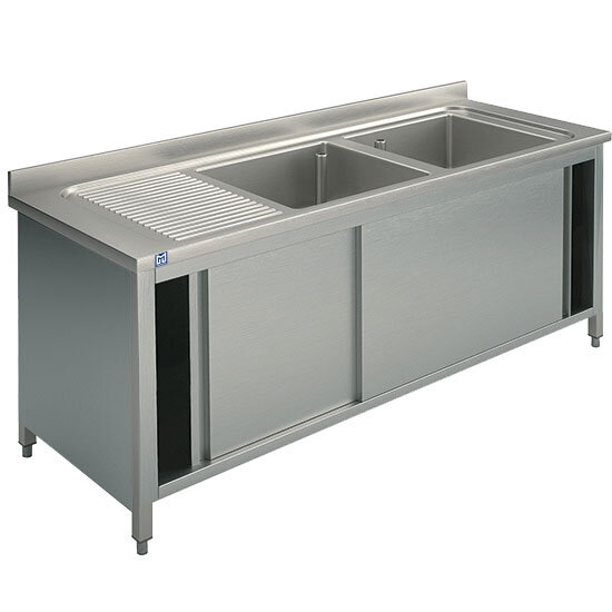 sink unit on cupboard, 2 sinks + left draining board, with sliding doors, 1600x600 mm