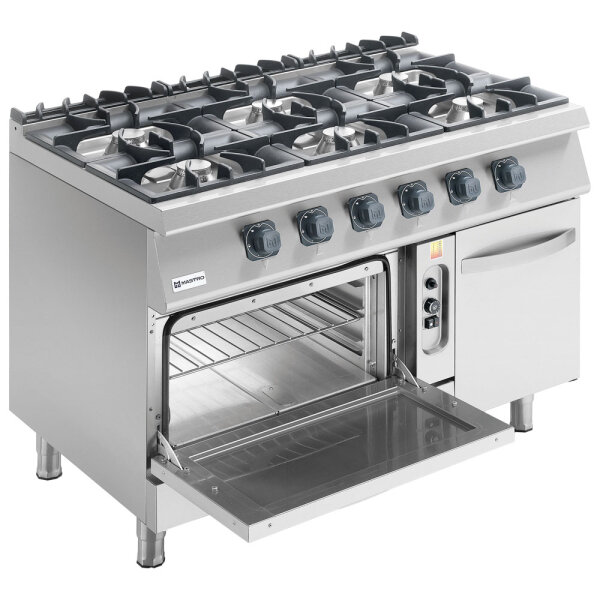 Fogão a gás com forno a gás estático GN 2/1 e armário fechado, 6 queimadores
