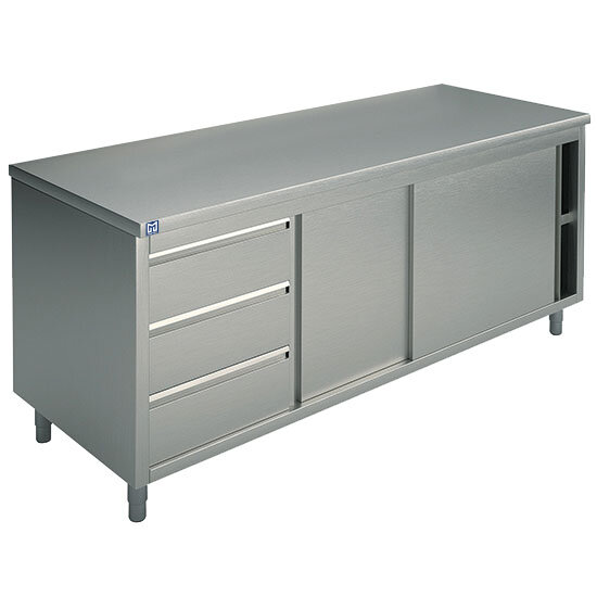 Tavolo armadiato neutro con cassettiera a sinistra, con porte scorrevoli, senza alzatina, 1500x700 mm