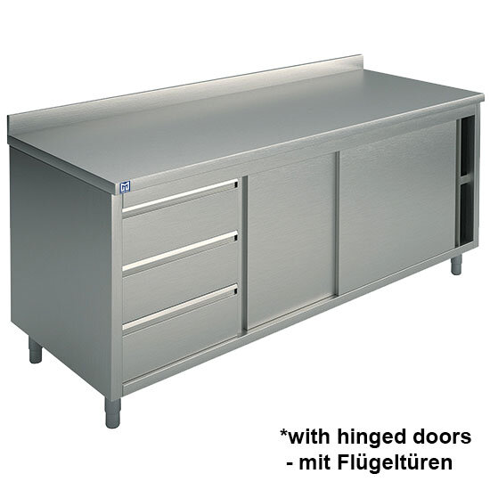 Neutraler Arbeitsschrank mit eingebauter Schubladeneinheit links, mit Schiebetüren und Aufkantung, 2000x700 mm