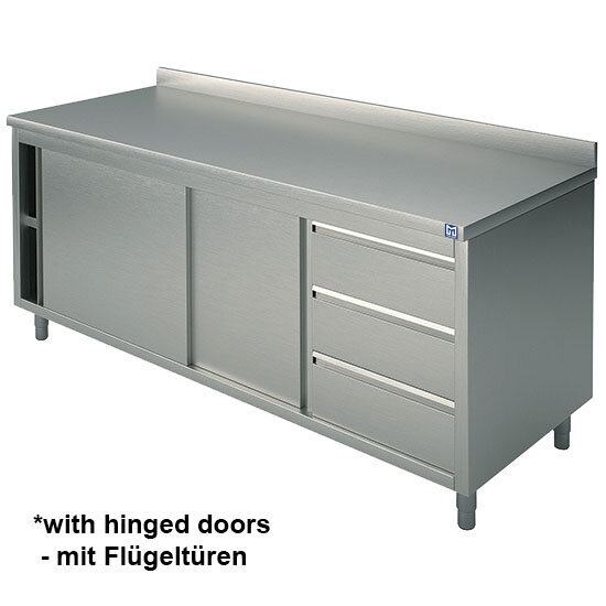 Table armoire neutre avec bloc tiroir à droite, avec 2 portes battantes et dosseret, 1200x600 mm