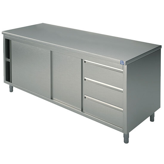 Mesa armário neutra com bloco de gavetas à direita, com portas de correr, sem alçado, 2000x700 mm