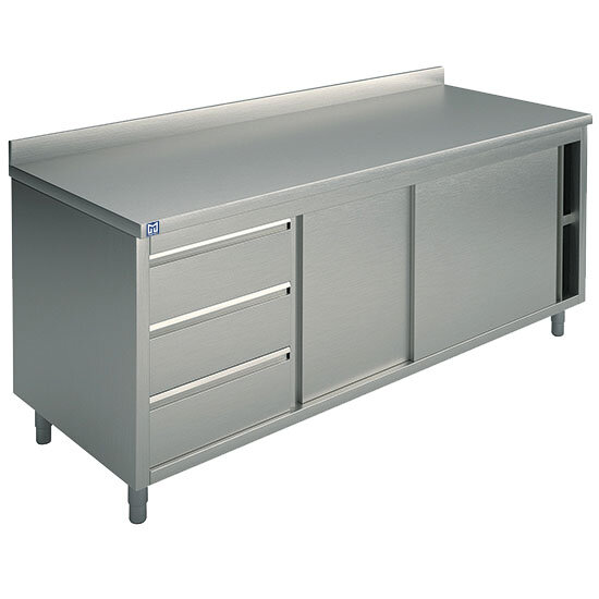Mesa armário neutra com bloco de gavetas à esquerda, com portas de correr e alçado, 1500x700 mm
