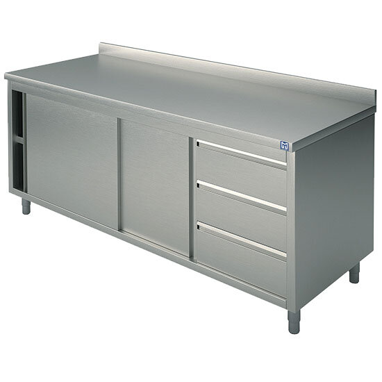 Mesa armário neutra com bloco de gavetas à direita, com portas de correr e alçado, 1400x700 mm
