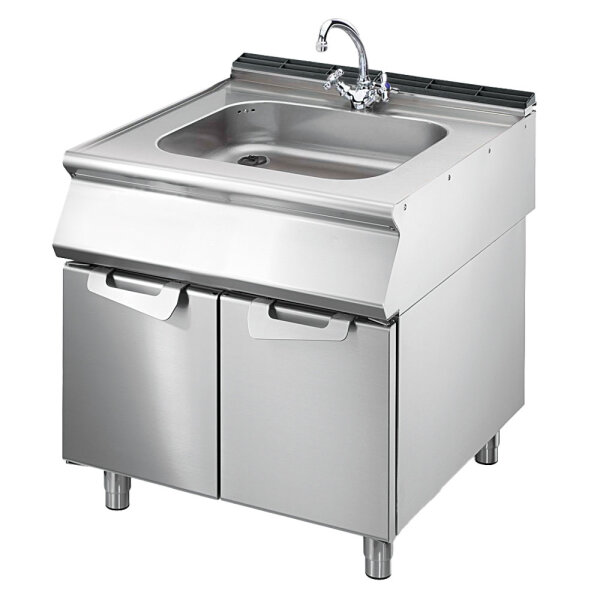 Sink on cabinet with doors