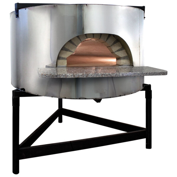 forno pizza a legna con facciata in acciao inox, platea ø 1540 mm, capacità 10/12 pizze