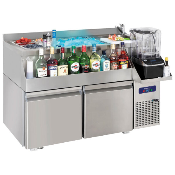 Cocktail Bar Station gekühlt mit 2 Schubladen, Spülbecken rechts und Eiswanne 1200x600 mm