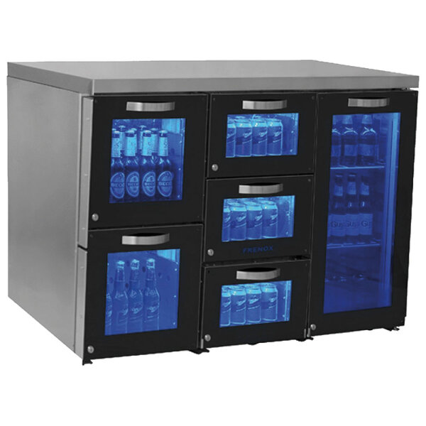 Vetrina refrigerata sottobanco sinistra a 1 porta battente e 5 cassetti in vetro, 120 bottiglie