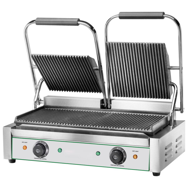 Contact grill with 2 cast iron plates, grooved/grooved, 2x 230x240 mm