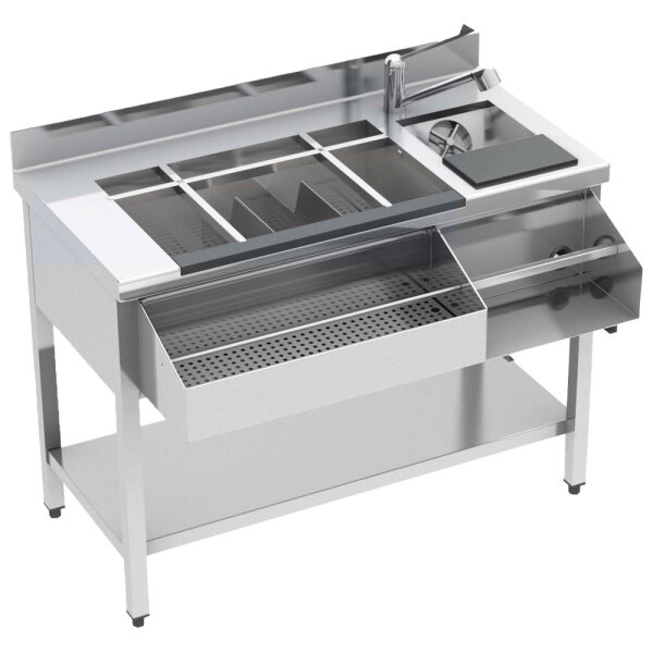 Cocktail bar station neutral with ice bowl, bottle holder, mixer rack, sink, 1500x720 mm