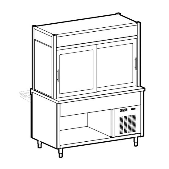 Vitrine réfrigérée 3 niveaux avec cuve réfrigérée sur armoire ouverte, rideau côté client, 6x GN 1/1