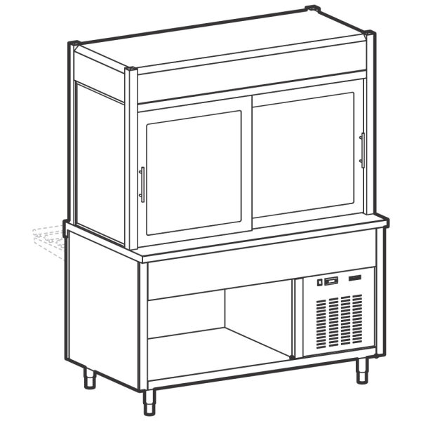 Kühlvitrine 3-etagig mit Kühlplatte auf offenem Unterbau, Rollblende kundenseitig, 3x GN 1/1