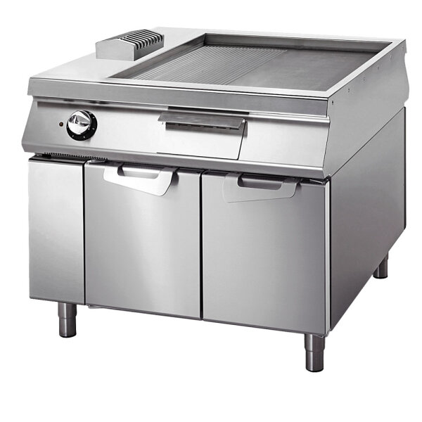 Electric griddle chromed ½ smooth ½ ribbed on cabinet with door, two-sided panel control