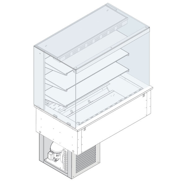Vitrina refrigerada cuadrada 3 niveles tanque ventilado, con motor, lado cliente cerrado, 4x GN 1/1