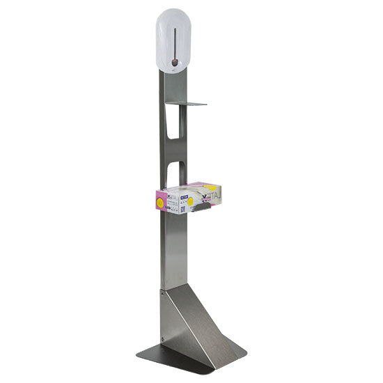 Dispensador de desinfección de 1000 ml con sensor, soporte guantes y columna de acero inoxidable