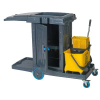 Reinigungswagen mit Sackhalter, Schrank und Moppwagen