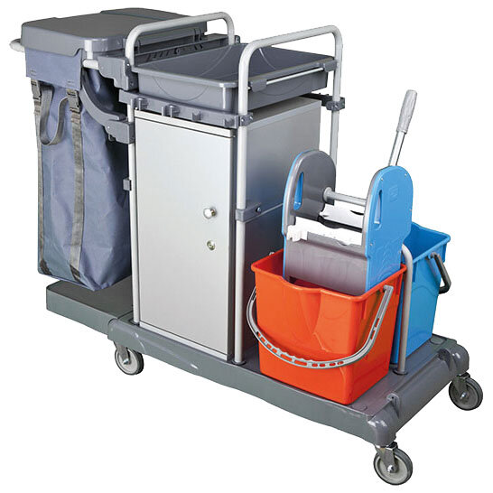 Cleaning trolley with bag holder, cupboard and mop bucket