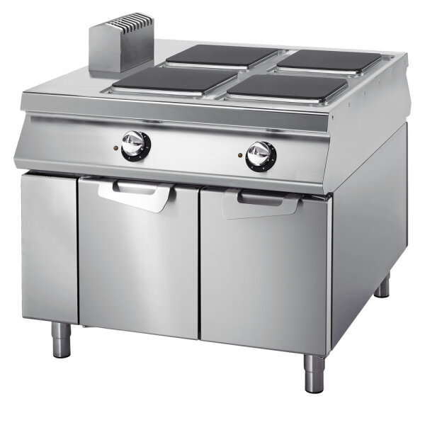 Cuisinière électrique avec 4 plaques sur coffre avec portes, tableau de contrôle sur deux côtès