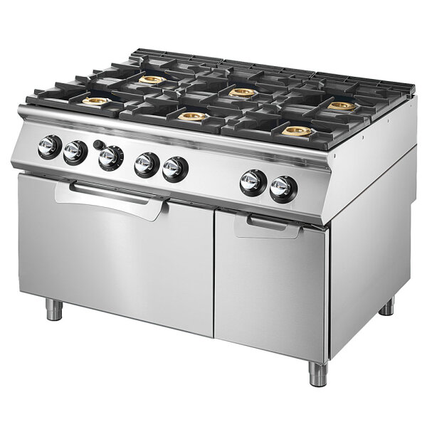 Fogão a gás com forno a gás estático GN 2/1 e armário fechado, 6 queimadores