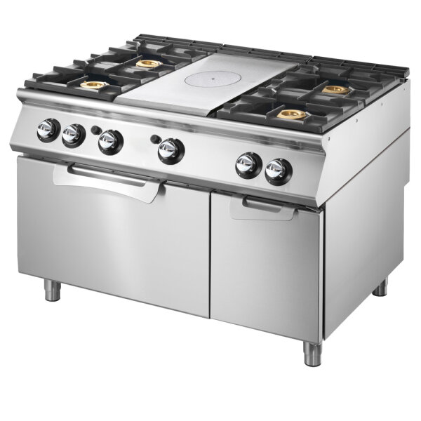 Fogão radiante a gás com forno a gás estático GN 2/1 e armário fechado + 4 queimadores