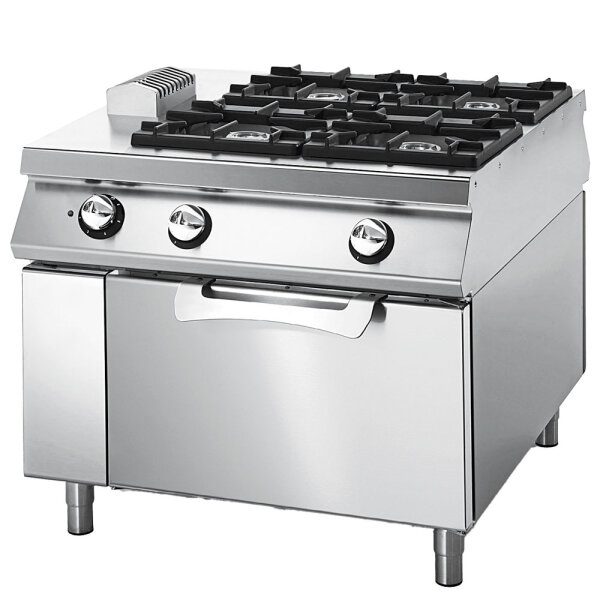 Cucina gas da 4 fuochi su forno elettrico statico, bacinelle in acciaio inox, comandi 2 lati
